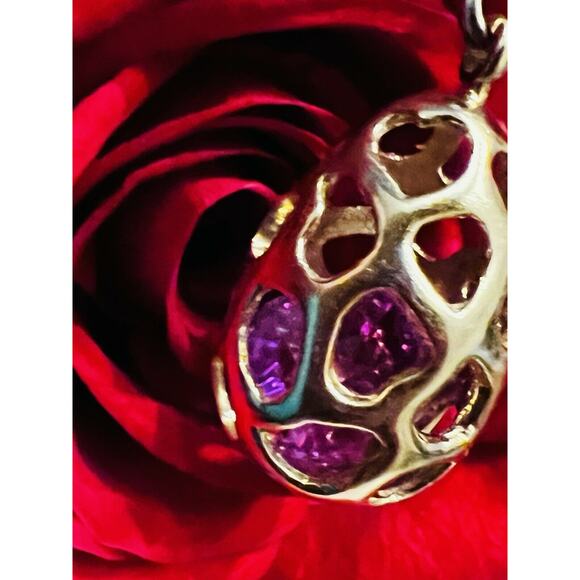 Faberge Gold Plt Violet Purple Egg Pendant Sterling Silver Russian Necklace Jewl - Picture 3 of 16